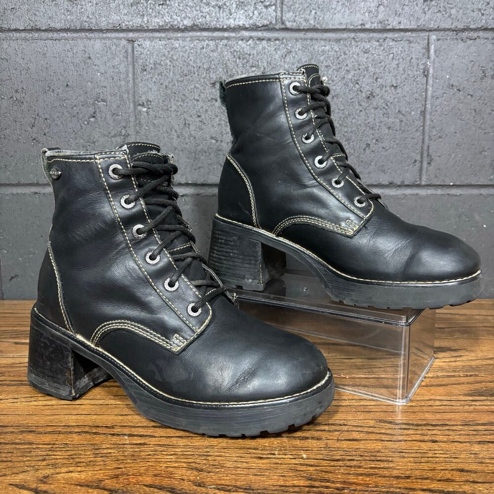 Vintage Y2K Skechers Black Leather Lace Up Platform Chunky Heel Boots Women’s 9